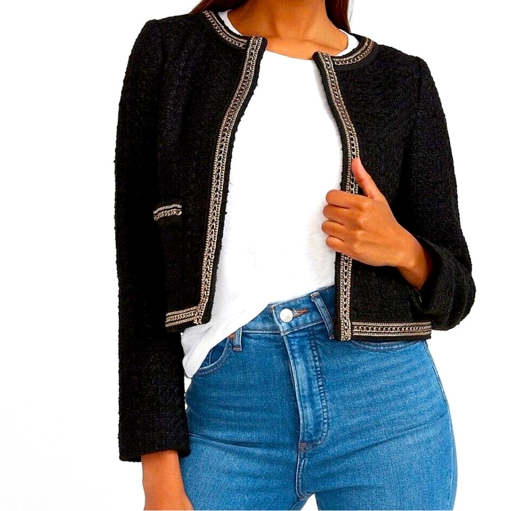 NWT Express $148 Black Gold Chain-Trimmed Boucle Tweed Blazer Jacket - S…